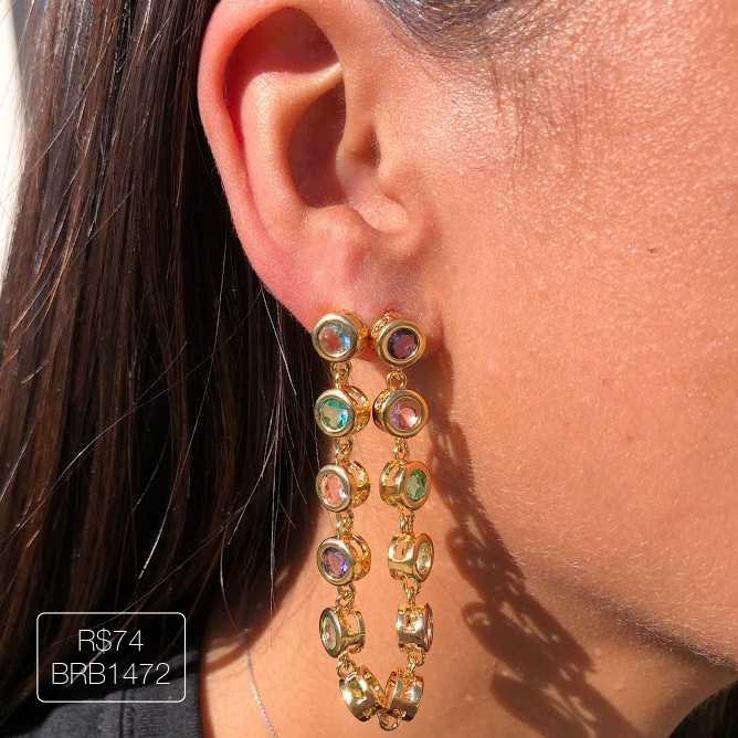 Brinco Ivete Longo Redondo Rainbow Dourado